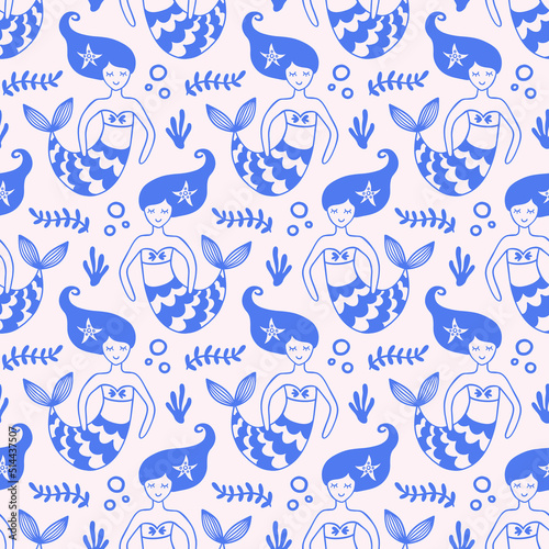 Seamless Pattern with Cute Mermaids