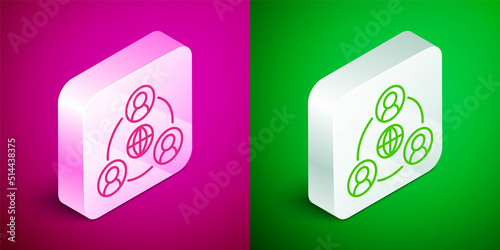 Isometric line Meeting icon isolated on pink and green background. Business team meeting, discussion concept, analysis, content strategy. Presentation conference. Silver square button. Vector