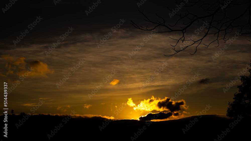Sunset on mountain and forest with pink sky background. beautiful evening outdoor nature with sweet cloud backdrop. landscape sunrise in spring season. environment or broken heart, lonely concept. Sunset on mountain and forest with pink sky background. beautiful evening outdoor nature with sweet cloud backdrop. landscape sunrise in spring season. environment or broken heart, lonely concept.