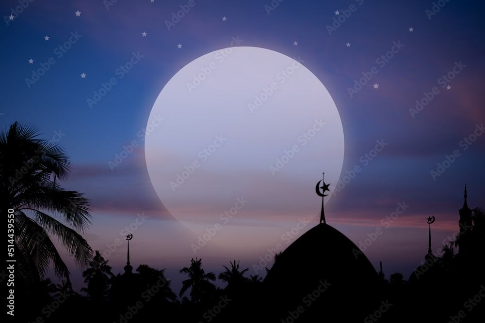 Ramadan, Eid ai-fitr,New year Muharram islamic religion Symbols with Moon and star silhouette on dark orange and dark black twilight sky in night sunset. copy space for add tex presentation.