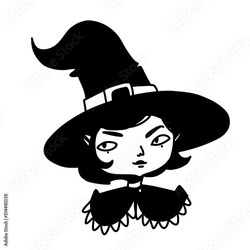 Cute witch. Halloween little witch character portrait in cartoon doodle outline style. Vector illustration of little girl in witch costume