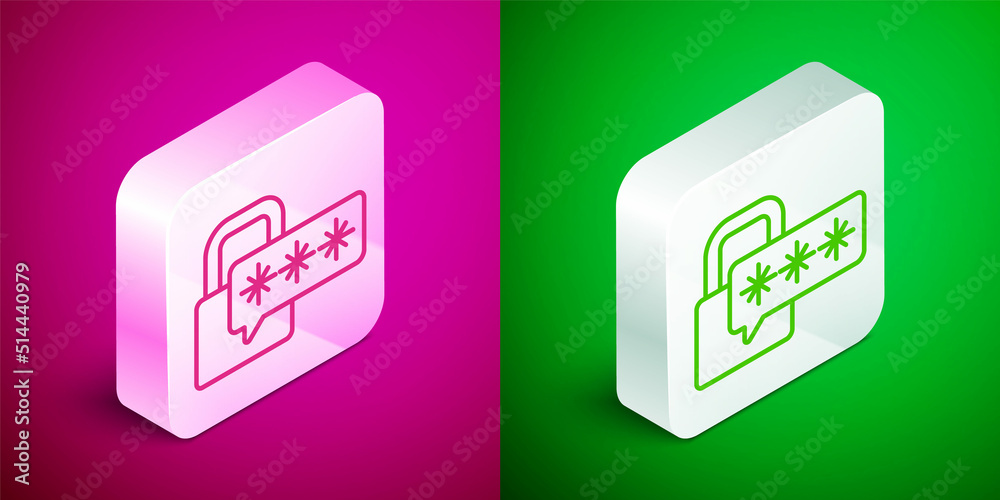 Isometric line Cyber security icon isolated on pink and green background. Closed padlock on digital circuit board. Safety concept. Digital data protection. Silver square button. Vector Isometric line Cyber security icon isolated on pink and green background. Closed padlock on digital circuit board. Safety concept. Digital data protection. Silver square button. Vector