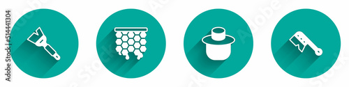 Set Beekeeping brush, Honeycomb, Beekeeper with protect hat and icon with long shadow. Vector