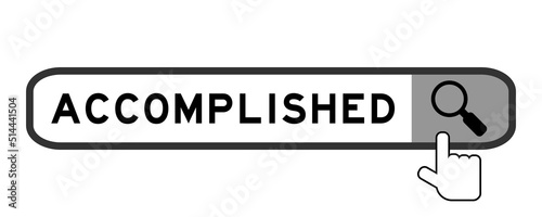 Search banner in word accomplished with hand over magnifier icon on white background