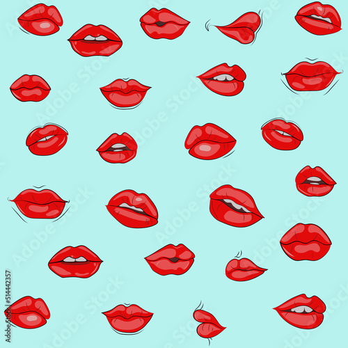 red lips on a blue background, print, sketch, 3d version vector graphics