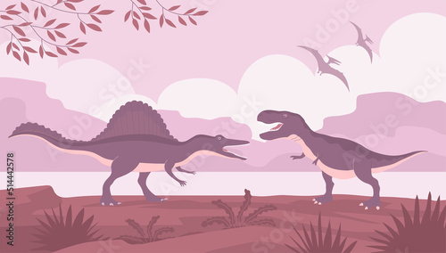 Tyrannosaur vs spinosaurus. Carnivorous lizards. Big pangolin rex. Ancient dinosaurs of the Jurassic period. Vector cartoon illustration. Prehistoric nature background. Wild landscape