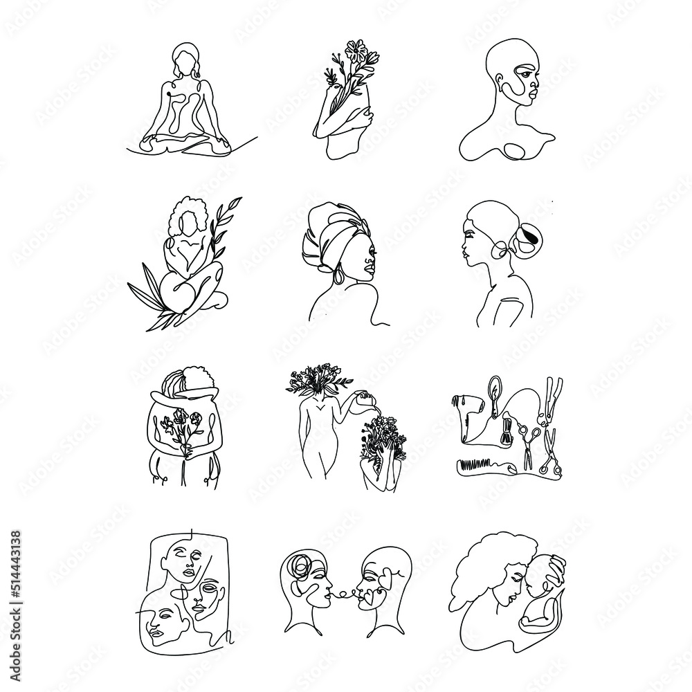 line art collection of afro women mothers with line art style botanical dan floral