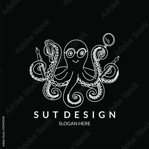 octopus holding stationery with its tentacles line art style cute fun illustration