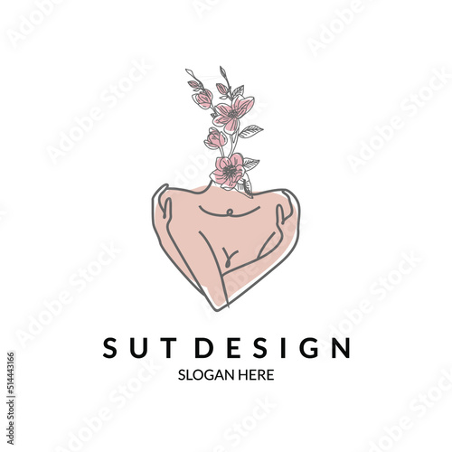 half body woman logo with floral flower line art style for health and beauty business logo
