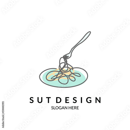 spaghetti plate with fork line art water color fun food illustration