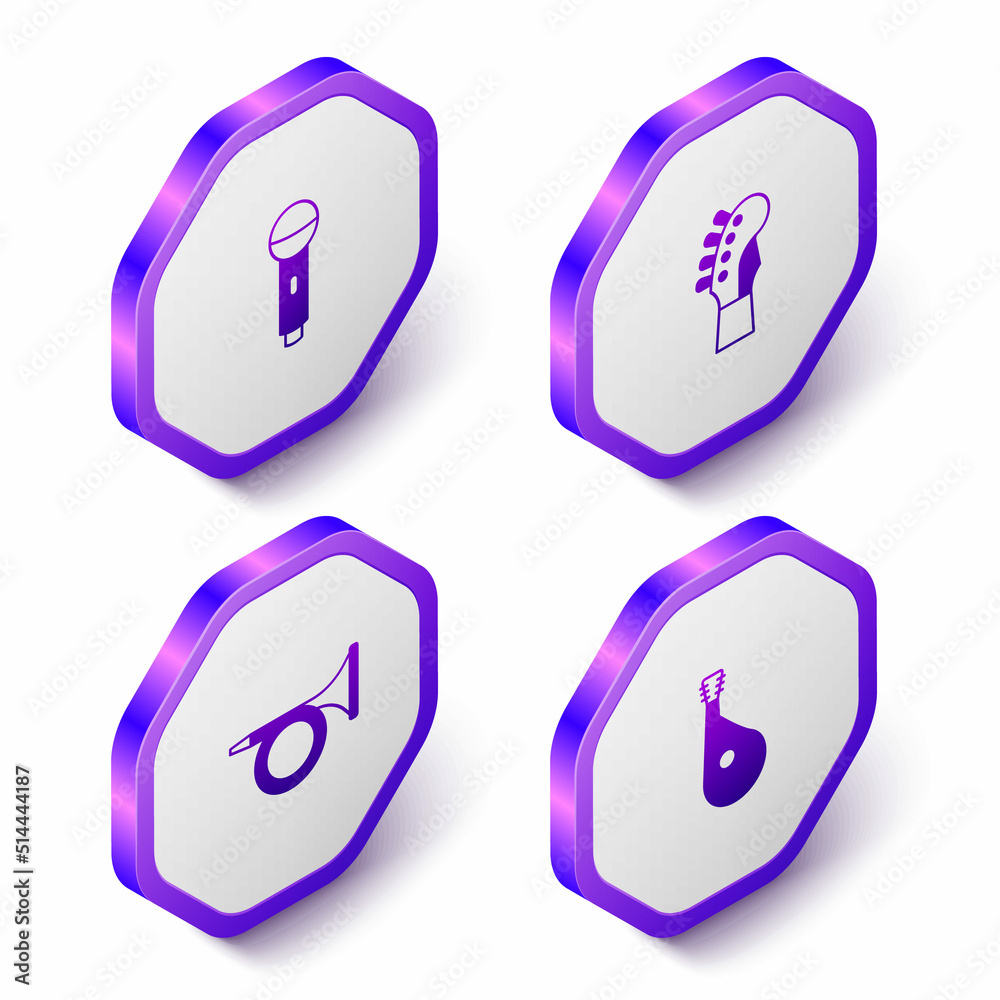 Set Isometric Microphone, Guitar neck, Trumpet and Bandura icon. Purple hexagon button. Vector Set Isometric Microphone, Guitar neck, Trumpet and Bandura icon. Purple hexagon button. Vector