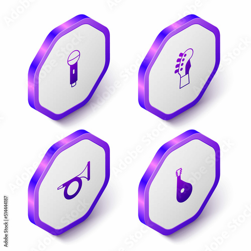 Set Isometric Microphone, Guitar neck, Trumpet and Bandura icon. Purple hexagon button. Vector