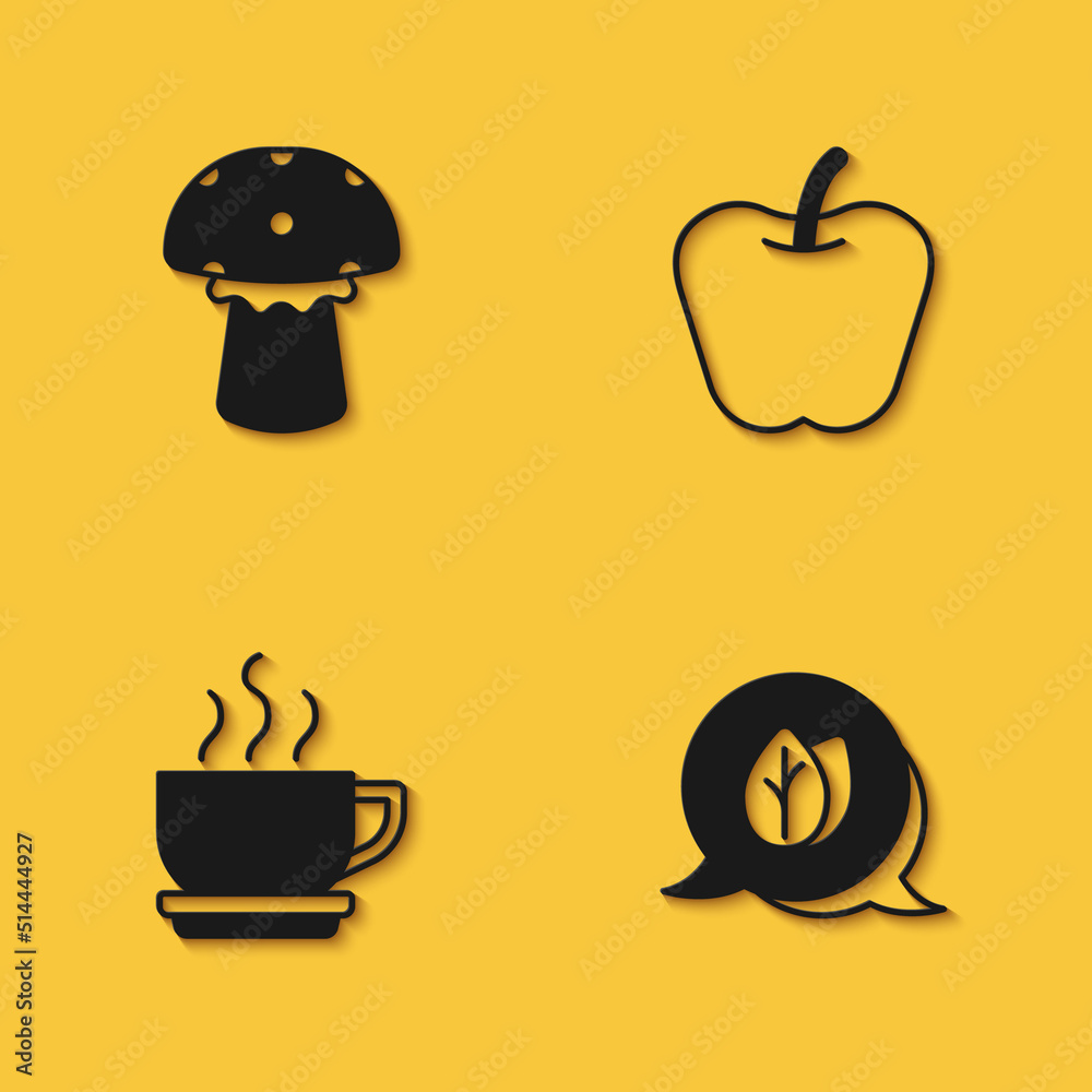 Set Mushroom, Leaf, Coffee cup and Apple icon with long shadow. Vector