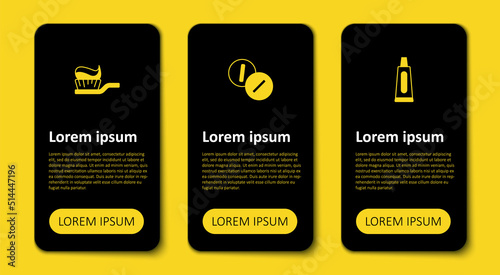 Set Tube of toothpaste, Toothache painkiller tablet and Toothbrush with. Business infographic template. Vector