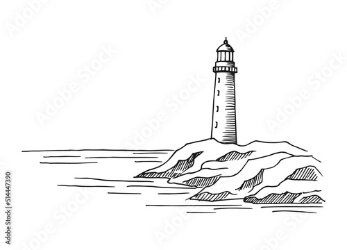 Seascape. Lighthouse. Hand drawn illustration converted to vector. Sea coast graphic landscape sketch illustration vector.