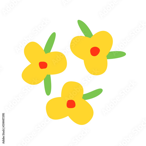 Cartoon cute yellow flowers. Simple floral illustration isolated on white background. Abstract kawaii hand drown flowers elements. Vector botanical illustration.