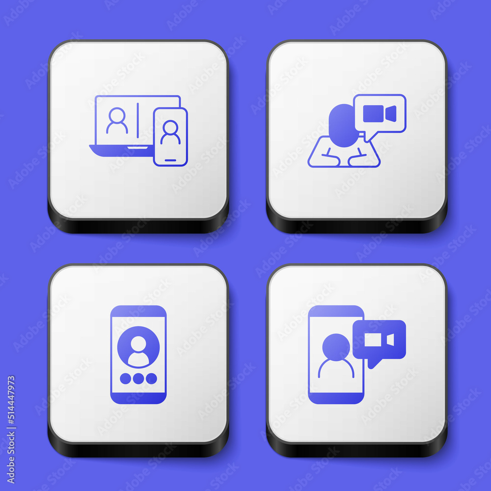 Set Video chat conference, and icon. White square button. Vector Set Video chat conference, and icon. White square button. Vector
