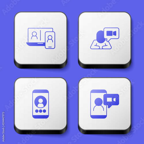 Set Video chat conference, and icon. White square button. Vector