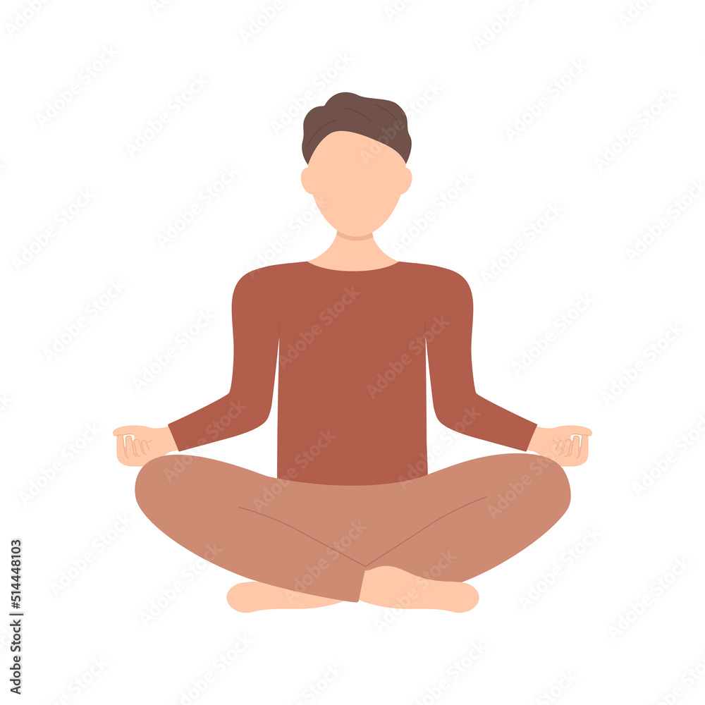 Young man in a pose for meditation. Meditation and yoga in the lotus position. Vector illustration isolated on white background Young man in a pose for meditation. Meditation and yoga in the lotus position. Vector illustration isolated on white background