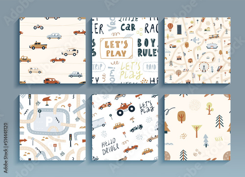 Set of seamless patterns little racer. Cartoon funny illustration with cars and landscape, wallpaper white background. Vector collection