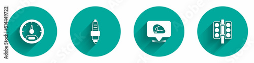 Set Speedometer, Car spark plug, Racing helmet and traffic light icon with long shadow. Vector