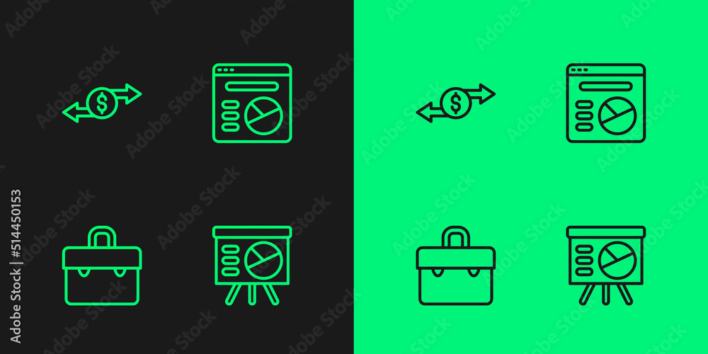 Set line Board with graph, Briefcase, Money exchange and Pie chart infographic icon. Vector