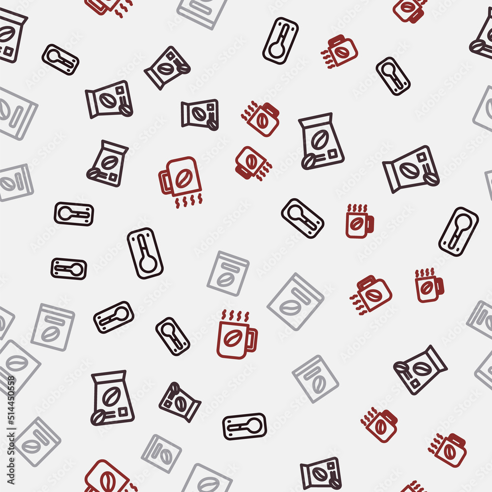 Set line Coffee thermometer, Bag coffee beans, book and cup on seamless pattern. Vector Set line Coffee thermometer, Bag coffee beans, book and cup on seamless pattern. Vector