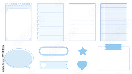 collection set of cute blank pastel blue paper templates printable striped note, planner, journal, reminder, notes, memo, writing pad illustration perfect for your design