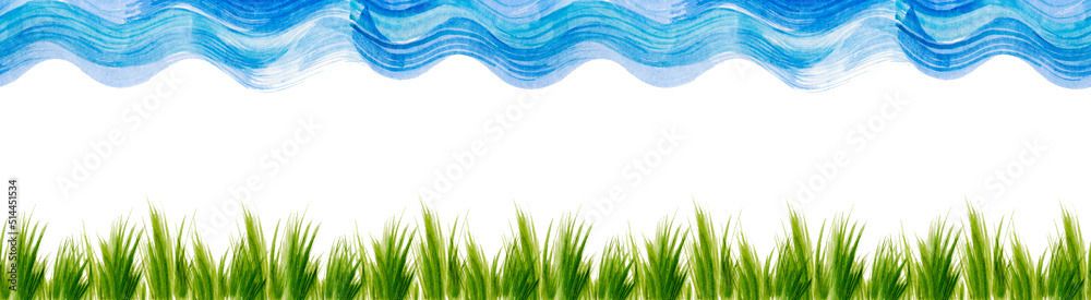 Obraz premium Watercolor field. Wild grass, country abstract landscape. Abstract green, blue spot. Watercolor card, logo. Wild grass drawing, green, blue paint splash on white isolated background, label, frame