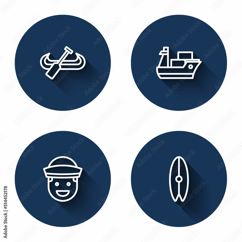 Set line Kayak and paddle, Cargo ship, Sailor and Surfboard with long shadow. Blue circle button. Vector Set line Kayak and paddle, Cargo ship, Sailor and Surfboard with long shadow. Blue circle button. Vector