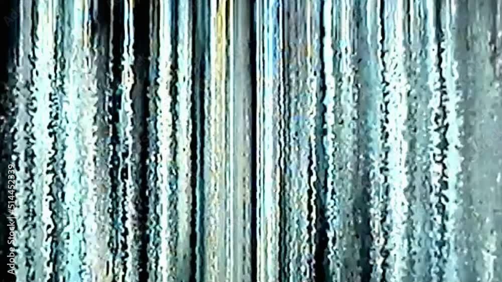 VHS glitch texture. Old TV noise. Distortion transition overlay. Blue yellow white black color fuzzy flicker stripe artifacts abstract art background.