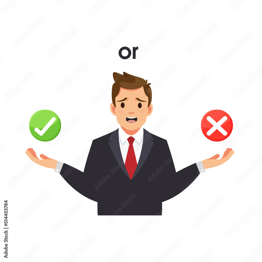 Right or wrong choice. True or false. Businessman decision between right and wrong. Making choice, difficult decision concept. Vector stock Right or wrong choice. True or false. Businessman decision between right and wrong. Making choice, difficult decision concept. Vector stock
