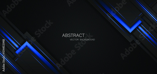 Abstract black and blue polygon with blue glow lines on dark steel mesh background with free space for design. modern technology innovation concept background
