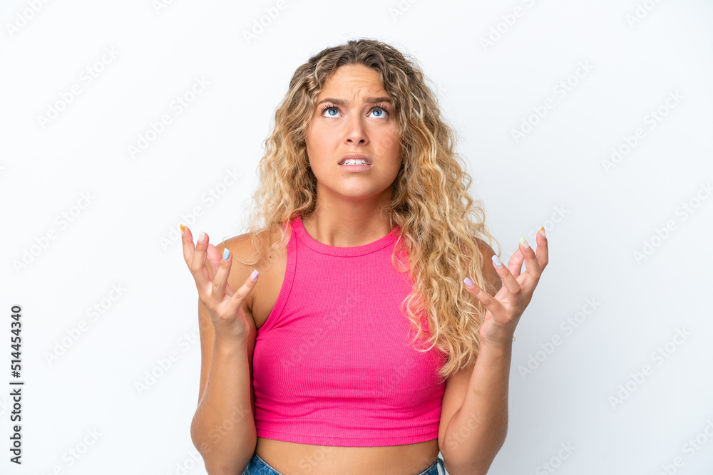 Fototapeta premium Girl with curly hair isolated on white background stressed overwhelmed