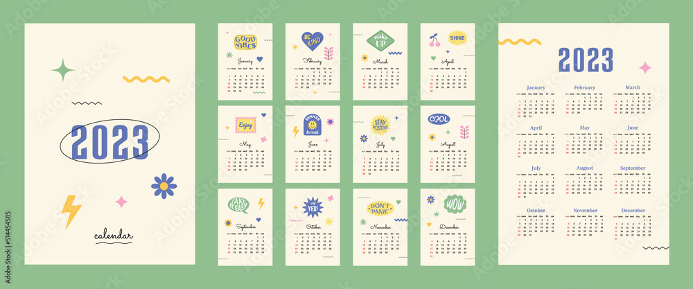 Calendar 2023 with retro shapes and positive stickers. Week start on Sunday. Set of 12 months, cover and one sheet of the year. Template for A4 A3 A5 size. Vector illustration in 1990s style