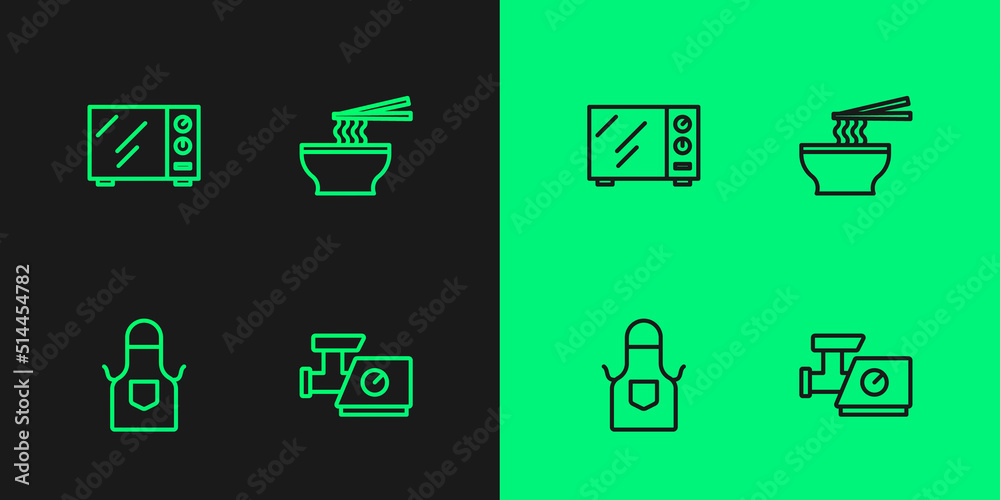 Set line Kitchen meat grinder, apron, Microwave oven and Asian noodles bowl icon. Vector Set line Kitchen meat grinder, apron, Microwave oven and Asian noodles bowl icon. Vector