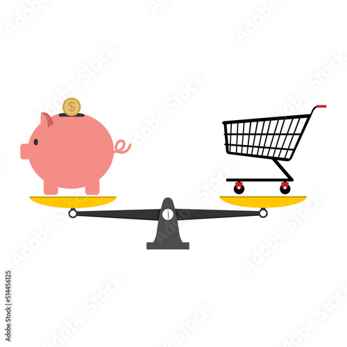 Piggy Bank with shopping cart on weighing machine  Saving concept