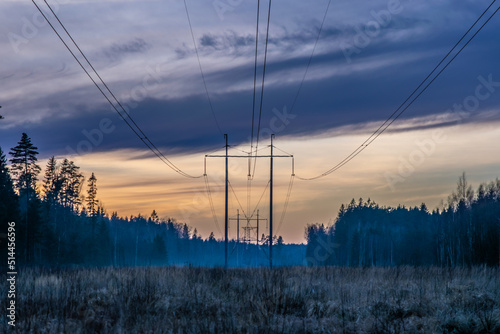 sunset in the field with electricity poles and forest in the distance 