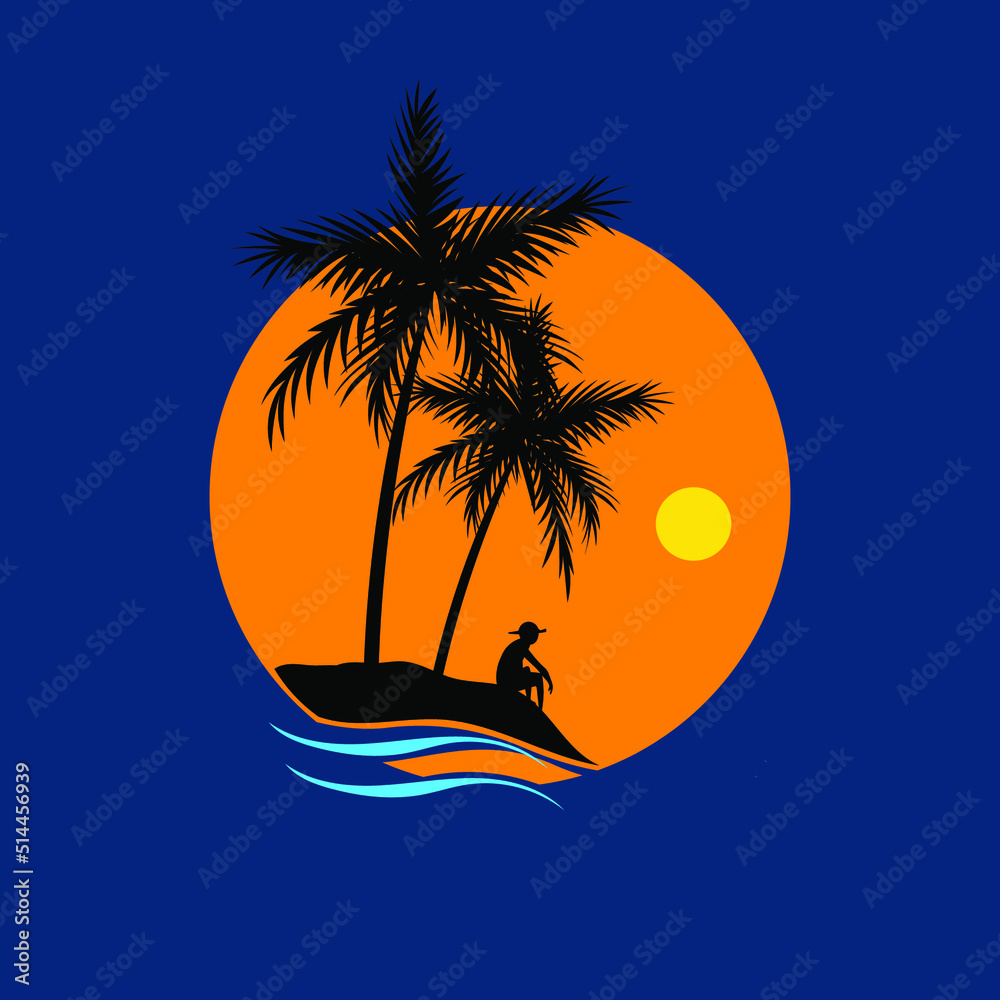 Beautiful island with coconut tree on sunset icon, logo,  symbol, vector illustration graphic design. Isolated on round.