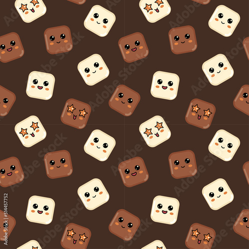 Milk white kawaii chocolate cubes seamless pattern. Chocolate bar background. Happy smiling star eyes pieces of chocolate characters.