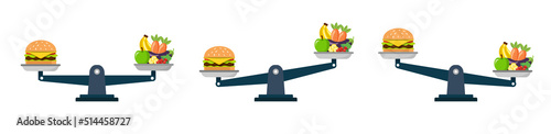 Set vegetables and fast food on scales isolated on white background. Weight loss, healthy lifestyles, diet concept. Vector stock