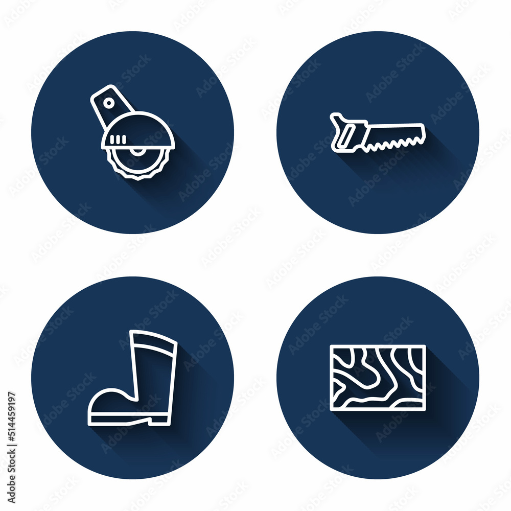Set line Electric circular saw, Hand, Waterproof rubber boot and Wooden beam with long shadow. Blue circle button. Vector