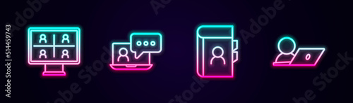 Set line Video chat conference, Phone book and . Glowing neon icon. Vector