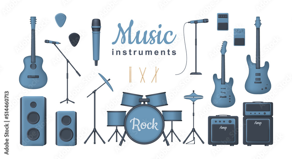 3d set of musical instruments for rock concert isolated on white background. Acoustic, electric and bass guitar, amplifyer, drum kit, sound speakers and microphones. Vector illustration 3d set of musical instruments for rock concert isolated on white background. Acoustic, electric and bass guitar, amplifyer, drum kit, sound speakers and microphones. Vector illustration