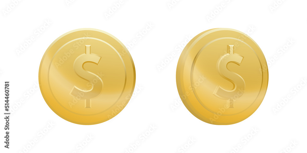 Set of gold dollar coins isolated on white background. Vector illustration