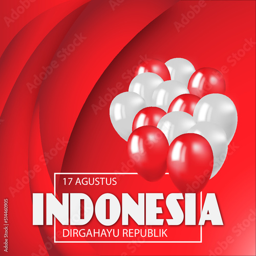 square red poster with white and red balloons Indonesia independence day
