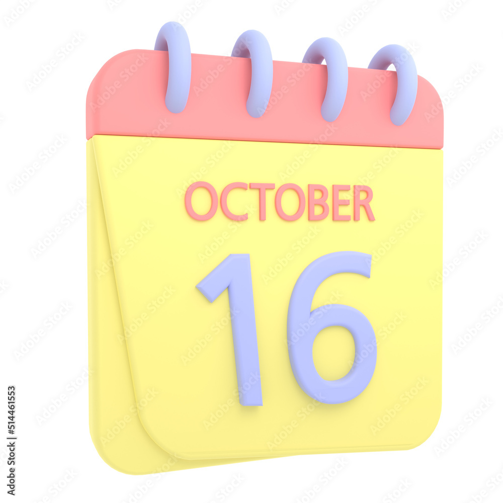 16th October 3D calendar icon. Web style. High resolution image. White background 16th October 3D calendar icon. Web style. High resolution image. White background