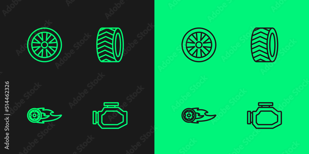 Set line Check engine, Wheel fire flame, Alloy wheel for car and Car tire icon. Vector Set line Check engine, Wheel fire flame, Alloy wheel for car and Car tire icon. Vector