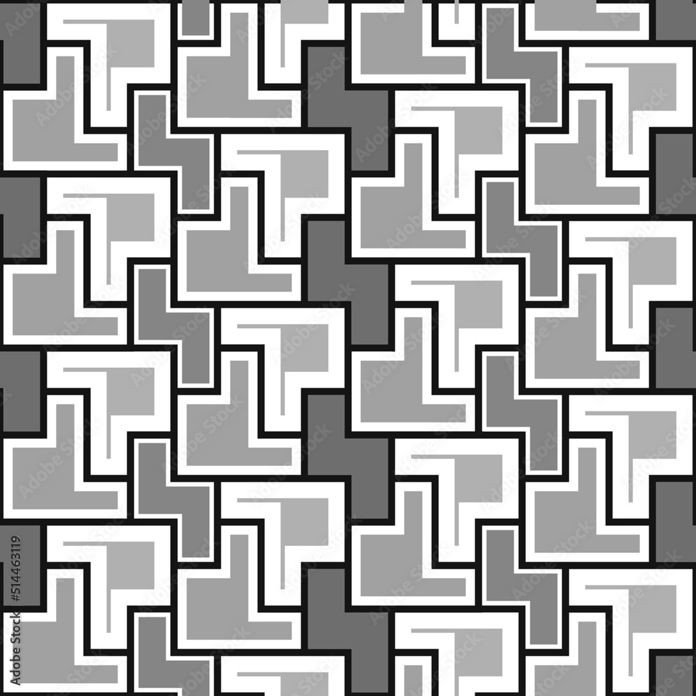 Repeated color puzzle mosaic abstract background. Seamless surface pattern design with simple geometric ornament. Modern style surface texture. Digital paper for textile print, page fill. Vector art. Repeated color puzzle mosaic abstract background. Seamless surface pattern design with simple geometric ornament. Modern style surface texture. Digital paper for textile print, page fill. Vector art.