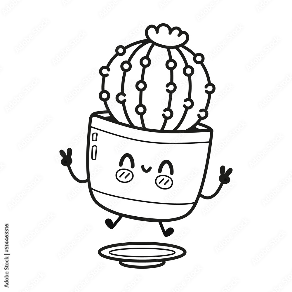 Funny cute happy cactus characters bundle set. Vector hand drawn cartoon kawaii character illustration icon.  Cute cactus mascot character collection. Outline cartoon illustration for coloring book
